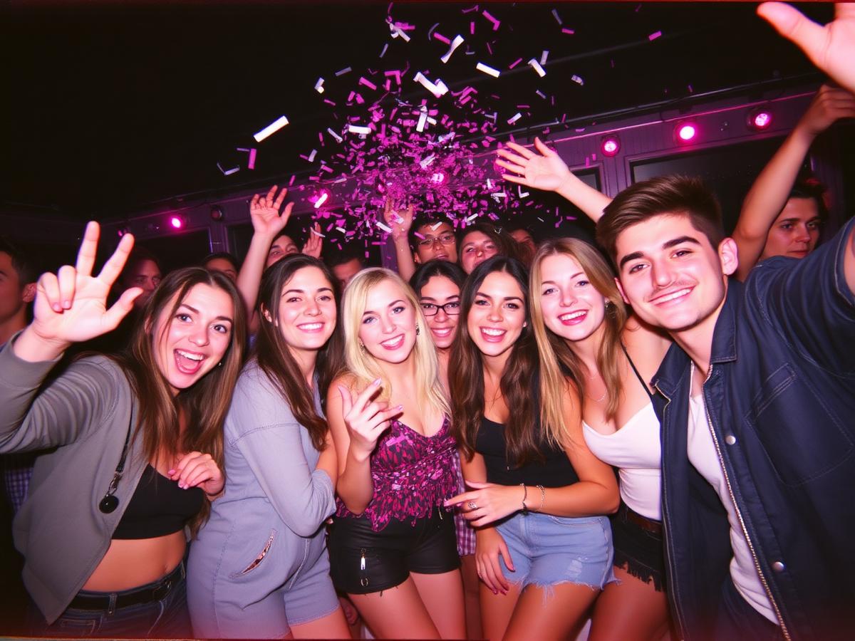 Friends posing under falling confetti at a night party