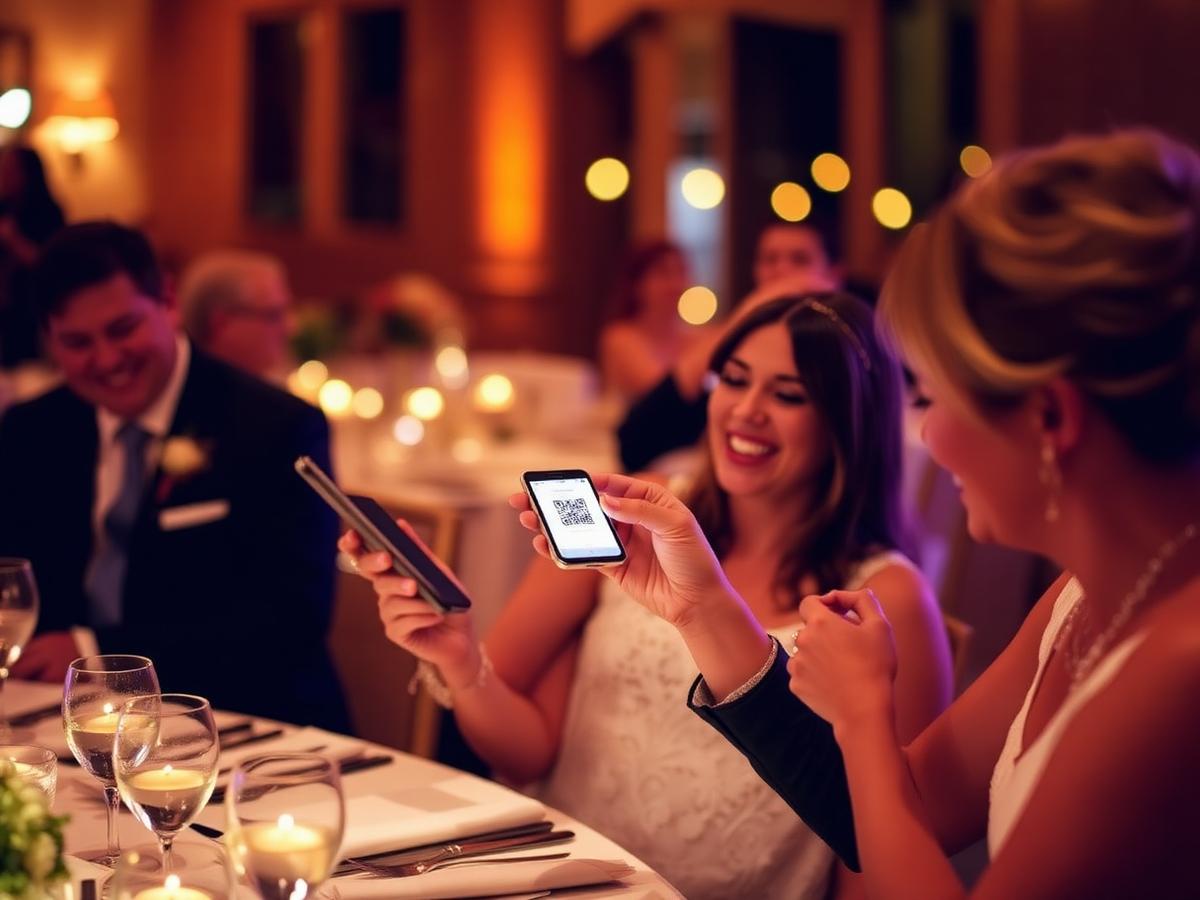 Wedding guests scanning a QR table card with their phones by candlelight